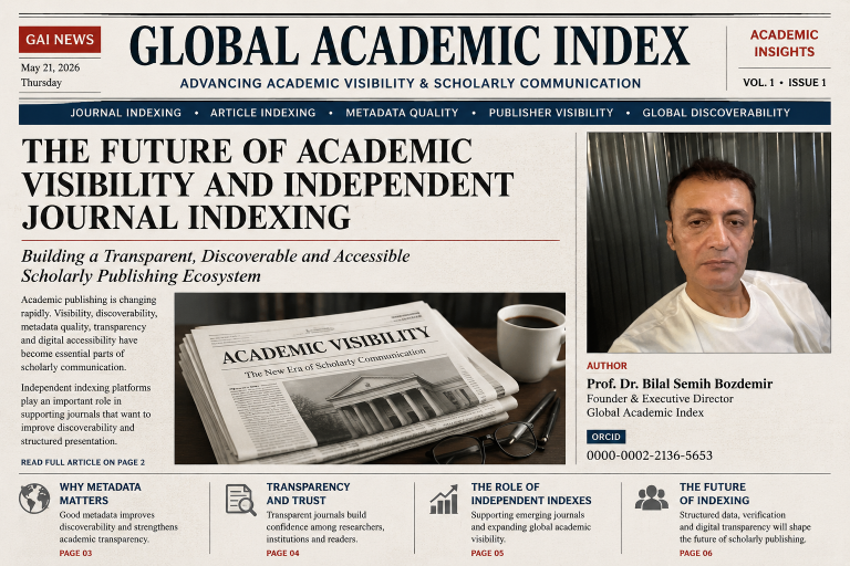 The Future of Academic Visibility and Independent Journal Indexing The Future of Academic Visibility and Independent Journal Indexing article by Prof. Dr. Bilal Semih Bozdemir published on Global Academic Index, focusing on scholarly publishing, metadata management and journal discoverability.